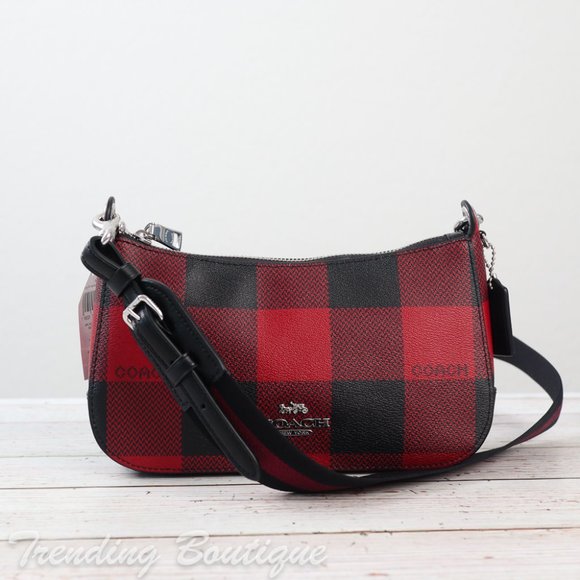 NWT Coach Jes Baguette Crossbody With Buffalo Plaid Print in Black/ Red - Picture 3 of 12